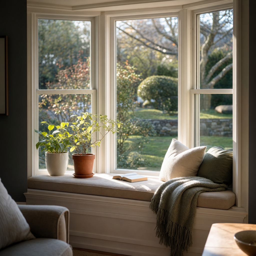 A cushioned window seat inside a new three lite bay window