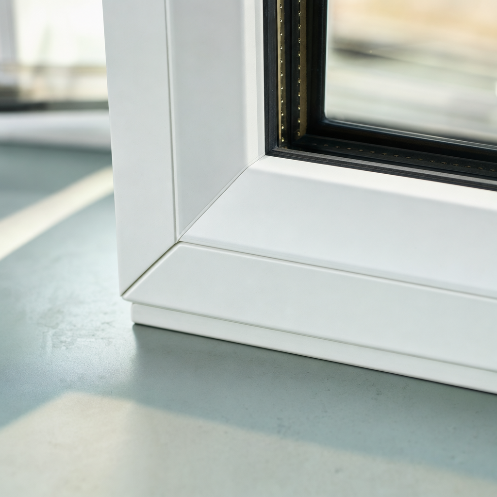 Close up of a fusion welded corner on a new vinyl window frame