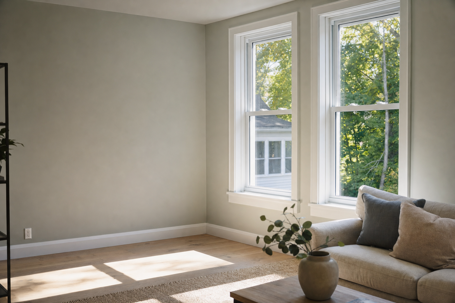 A living room with two new white vinyl double hung windows, sunlight falling across an oak floor
