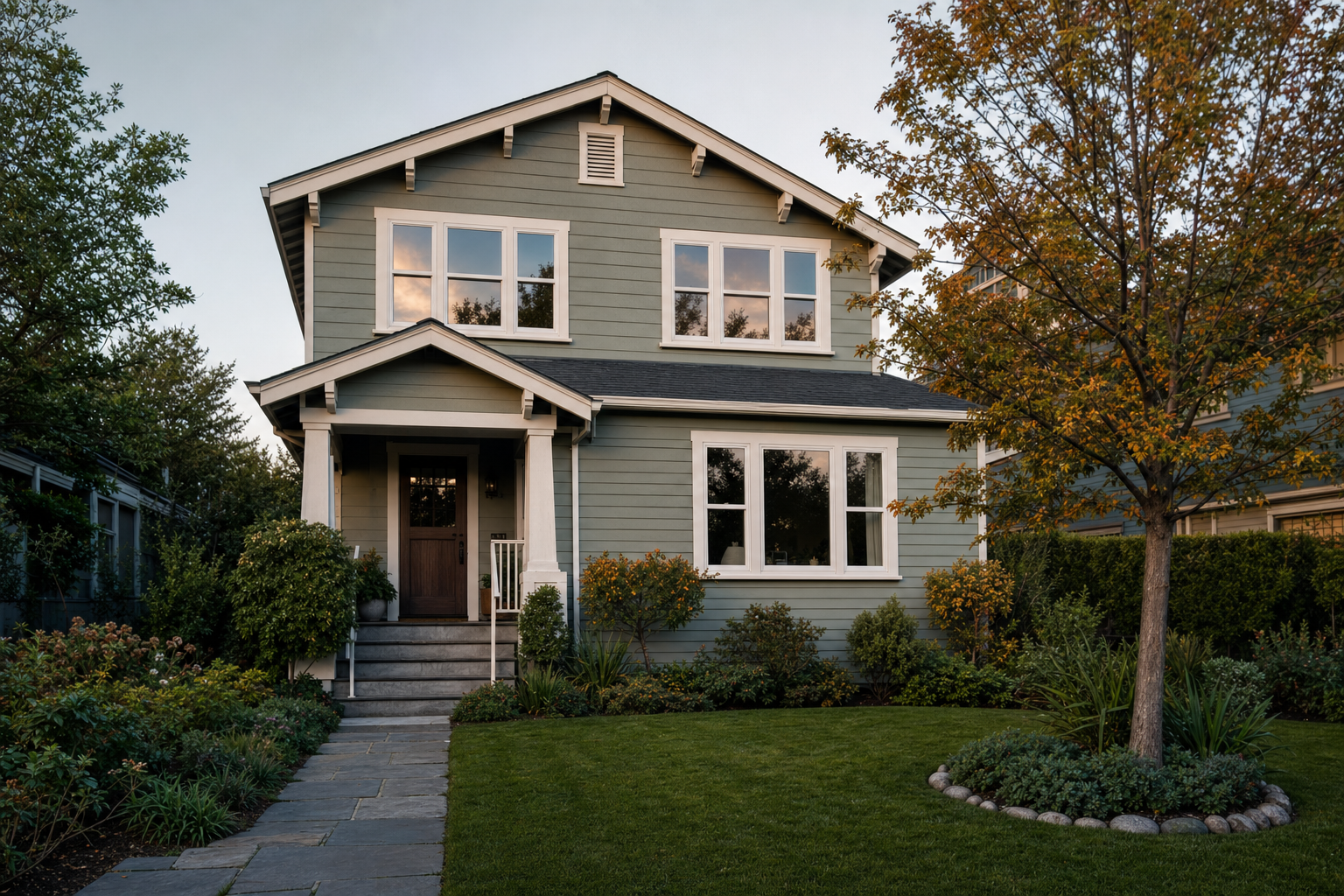 A craftsman house exterior with six new white vinyl windows at golden hour