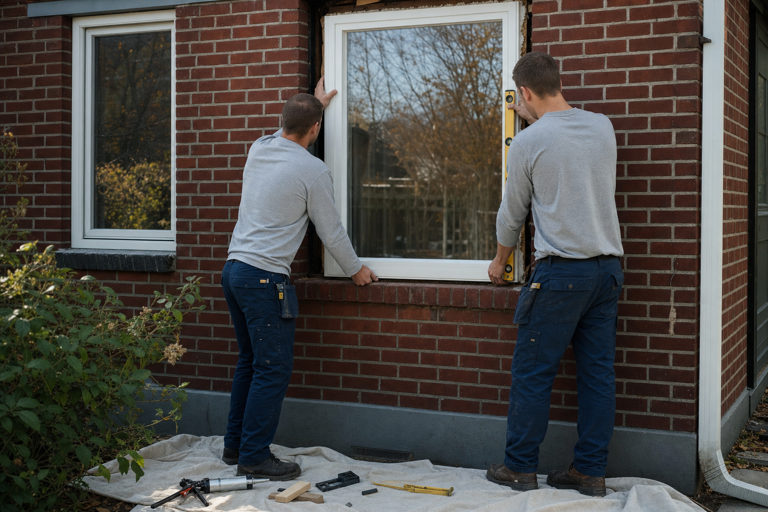 Two installers seating a new vinyl window into a brick opening and checking it for level