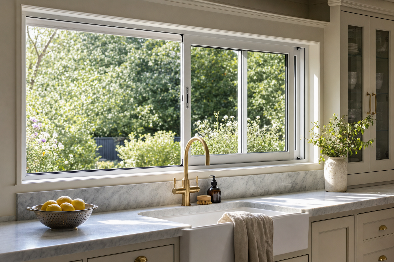 A kitchen with a wide white vinyl slider window open above a farmhouse sink
